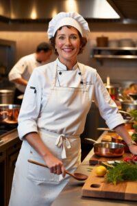 A smiling woman chef in a white uniform and chef's hat, standing in a professional kitchen with fresh ingredients and cookware.
