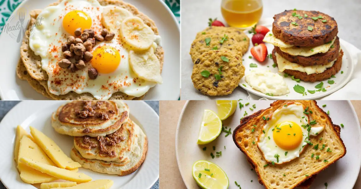 A variety of breakfast dishes featuring fried eggs on pancakes, stacked oatmeal cookies, pancakes with cheese slices, and egg-in-toast garnished with lime slices and herbs.