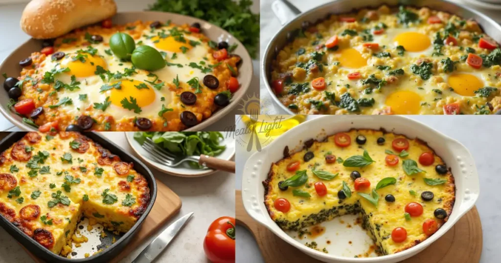 A collage of four baked egg casserole dishes, each garnished with vibrant toppings like cherry tomatoes, olives, spinach, basil, and parsley.