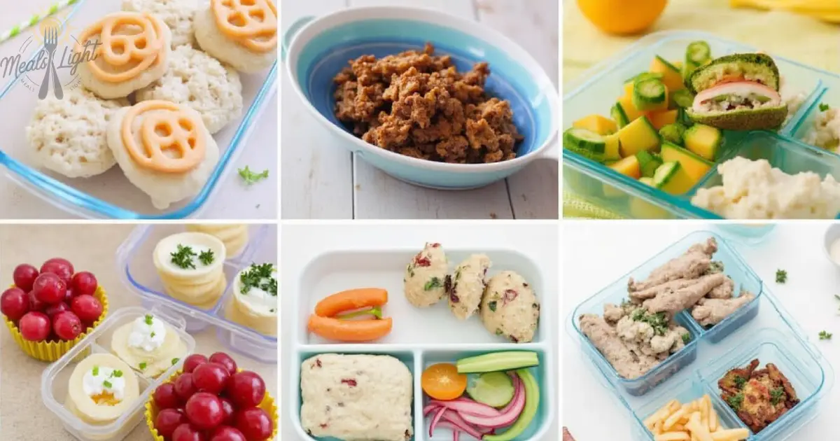 A collage of meal prep ideas featuring various healthy and colorful snacks and dishes in compartmentalized containers.