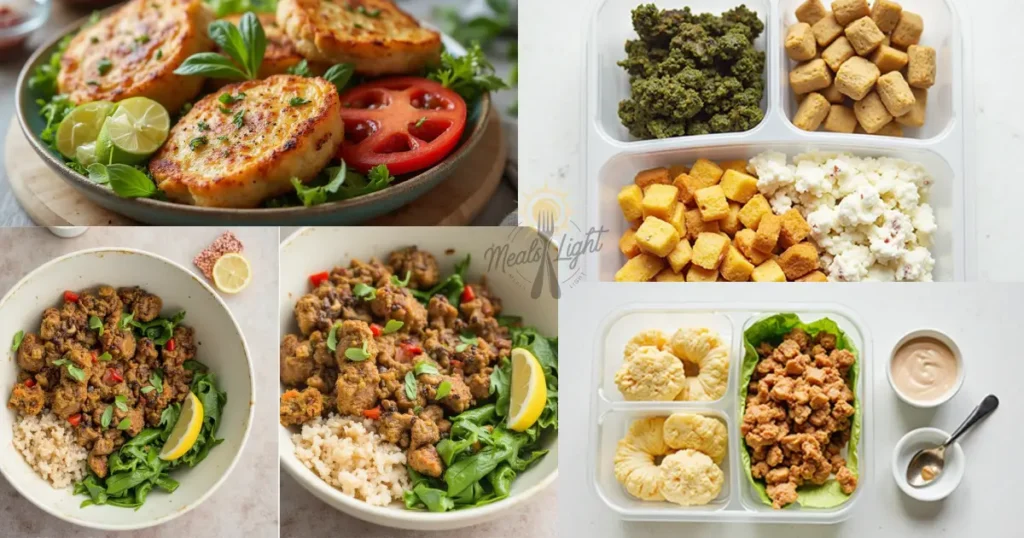 A collage of healthy toddler meal ideas including potato patties, roasted vegetables, grain bowls, bento boxes with spinach bites, tofu cubes, mashed potatoes, pineapple slices, and seasoned chicken bites.