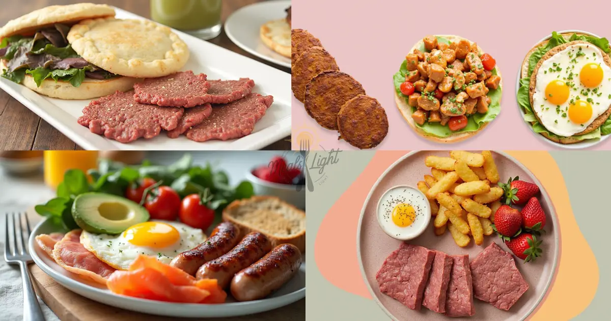 A collage of breakfast platters featuring diverse combinations of meats, eggs, vegetables, and fruits.