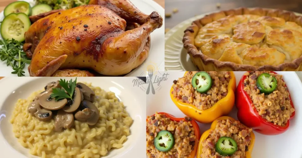 A collage of four delicious dishes: roasted chicken with cucumbers, an apple pie, creamy mushroom risotto, and stuffed bell peppers garnished with jalapeño slices.