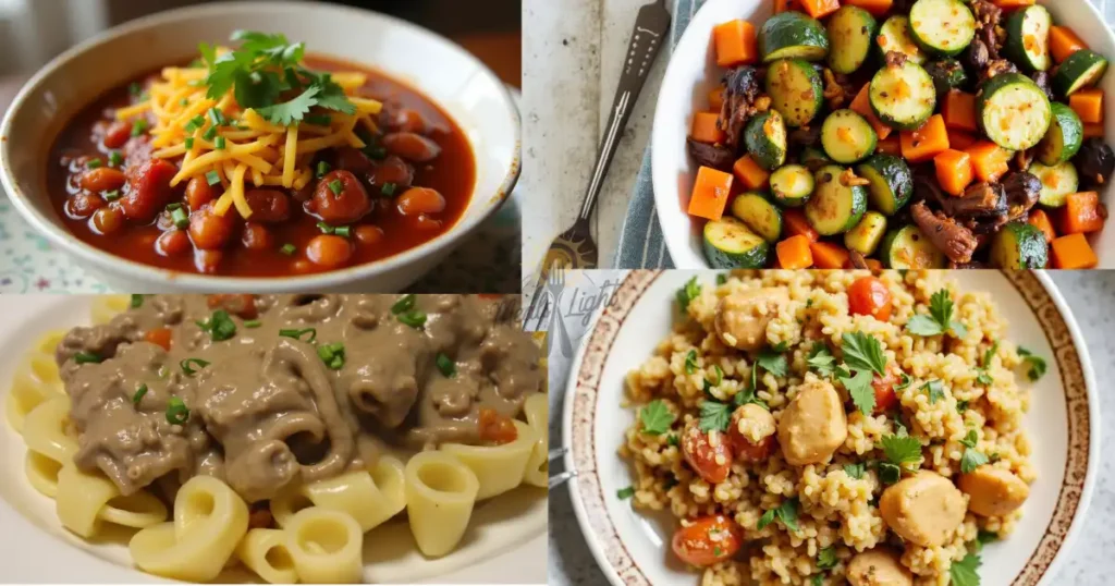 A collage of four healthy meal options: vegetarian chili with beans and cheese, sautéed zucchini and carrots, creamy beef stroganoff over pasta, and a couscous dish with chicken and tomatoes.