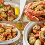 Plate of crab boil with shrimp, corn, potatoes, and sausage, served with butter and seasoning.