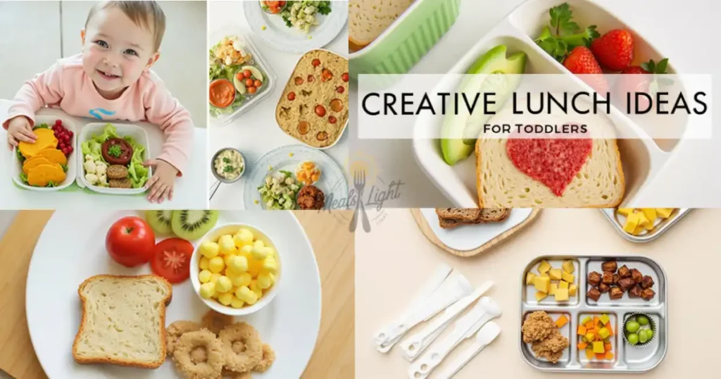 Collage of creative and colorful lunch ideas for toddlers, featuring healthy and fun presentations of fruits, vegetables, and snacks.