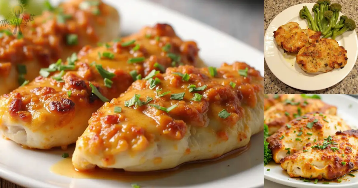 A collage of baked chicken dishes topped with melted cheese, savory sauces, and garnished with fresh herbs, served with vegetables on the side.
