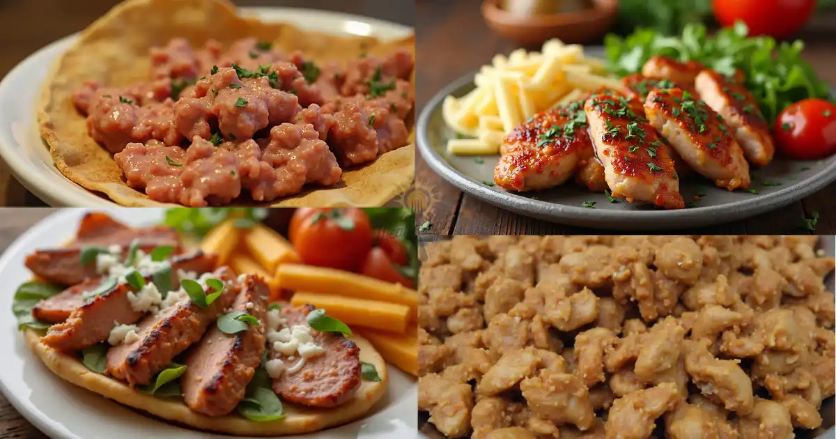 Collage of chicken-based meals, including chicken gyro meat on flatbread, grilled chicken with fries, chicken breast slices with vegetables, and seasoned chicken bites.