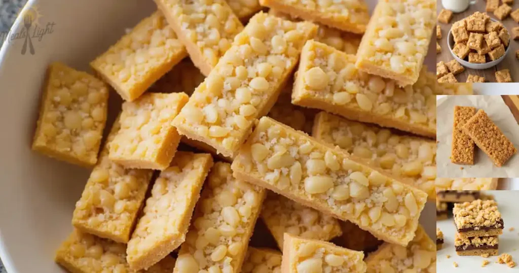 A bowl filled with golden churro cracker candies topped with sugar and nut pieces, with smaller images of similar candy bars in various arrangements on the side.