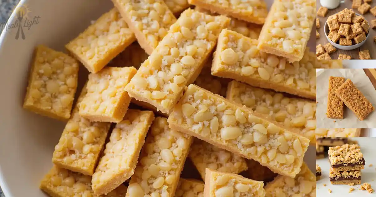 A bowl filled with golden churro cracker candies topped with sugar and nut pieces, with smaller images of similar candy bars in various arrangements on the side.
