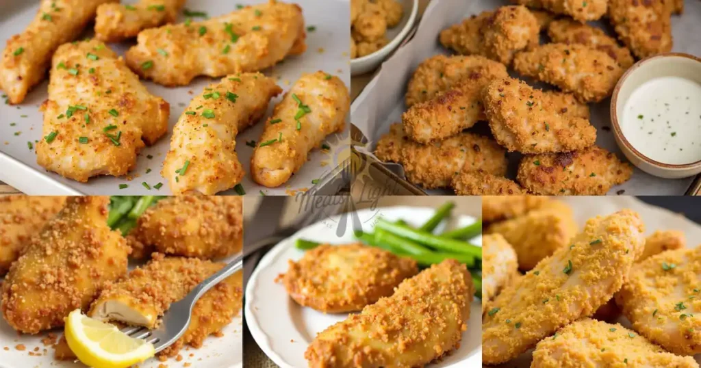 Collage of golden-brown baked chicken tenders garnished with herbs, served with dipping sauce, lemon wedges, and green beans.