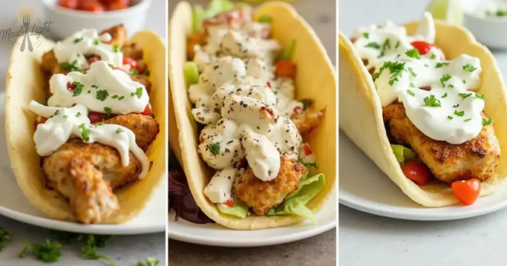 Three chicken gyros served in soft pita bread, topped with creamy white tzatziki sauce and garnished with fresh herbs and vegetables.