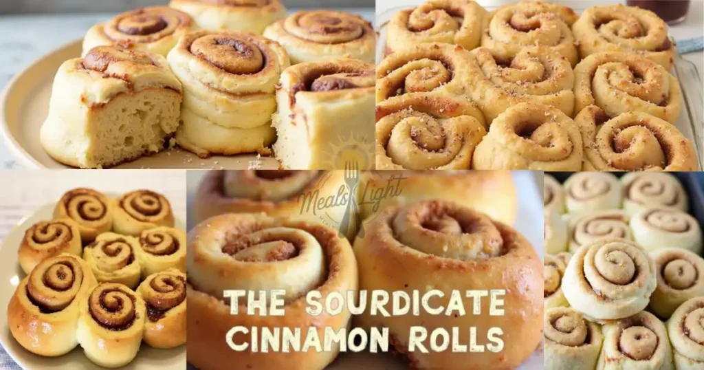A collage of golden-brown cinnamon rolls, including close-up shots and a full batch in a baking tray, with the text 'The Sourdicate Cinnamon Rolls' featured.