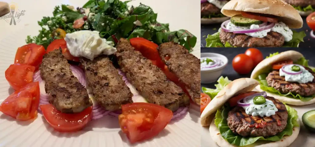 Collage of gyro meat dishes including a plate with gyro slices, fresh vegetables, and tzatziki, alongside gyro burgers in pita bread with toppings.