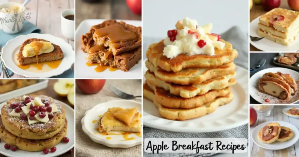 A collage of various apple breakfast recipes including pancakes, cakes, and apple-filled treats.