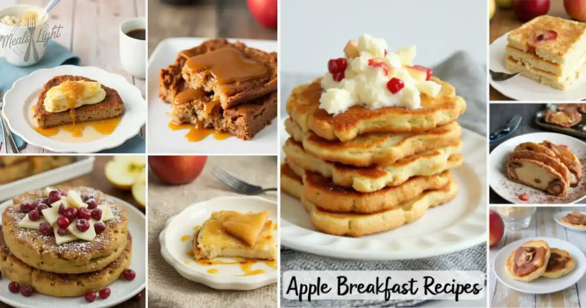 A collage of various apple breakfast recipes including pancakes, cakes, and apple-filled treats.