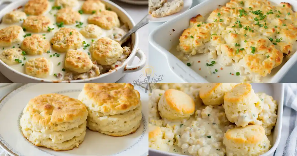 Four images of a biscuits and gravy casserole featuring golden biscuits in creamy sausage gravy, served in a baking dish and on plates.