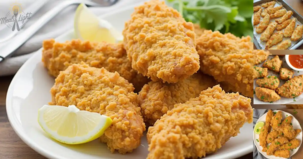 Crispy golden chicken tenders served on a white plate with lemon wedges and fresh greens.
