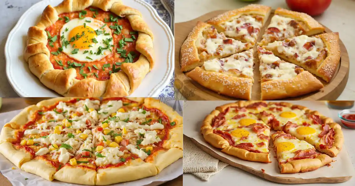 A collage of four different crescent roll breakfast pizzas, featuring various toppings like eggs, bacon, cheese, vegetables, and herbs on flaky crescent roll crusts.