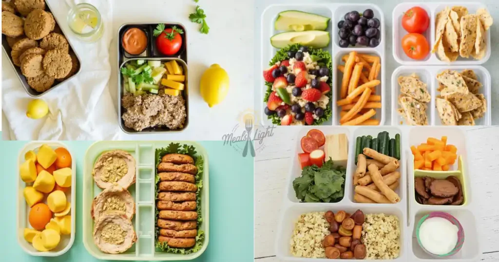 An assortment of lunch box ideas featuring healthy and colorful meals, including fruits, vegetables, proteins, and snacks, arranged in compartmentalized containers.