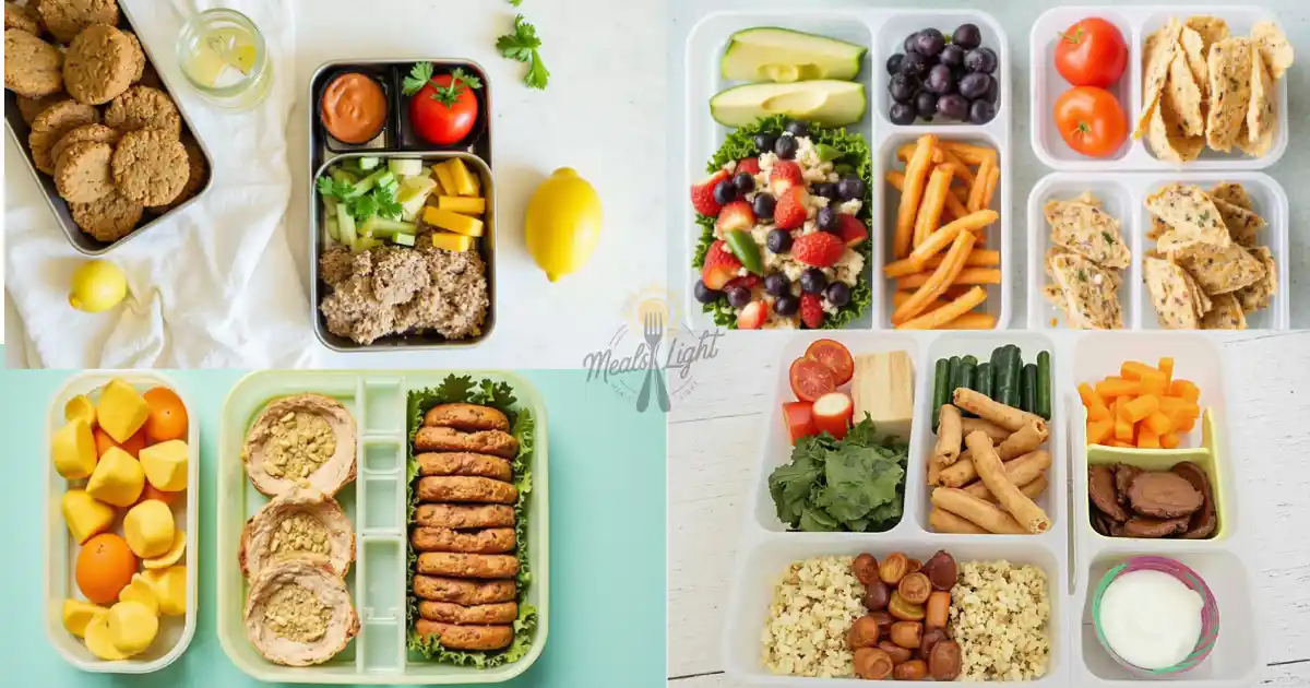 An assortment of lunch box ideas featuring healthy and colorful meals, including fruits, vegetables, proteins, and snacks, arranged in compartmentalized containers.