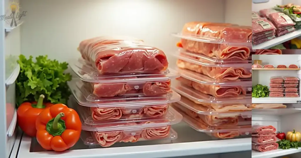 Organized stacks of packaged lunch meat in a refrigerator with fresh bell peppers and lettuce nearby.