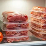 Organized stacks of packaged lunch meat in a refrigerator with fresh bell peppers and lettuce nearby.