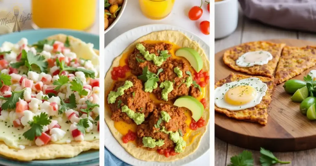 hree Mexican-inspired breakfast dishes, including tostadas with cheese and fresh toppings, tortillas with meat, avocado, and salsa, and egg-topped quesadillas with lime and herbs.