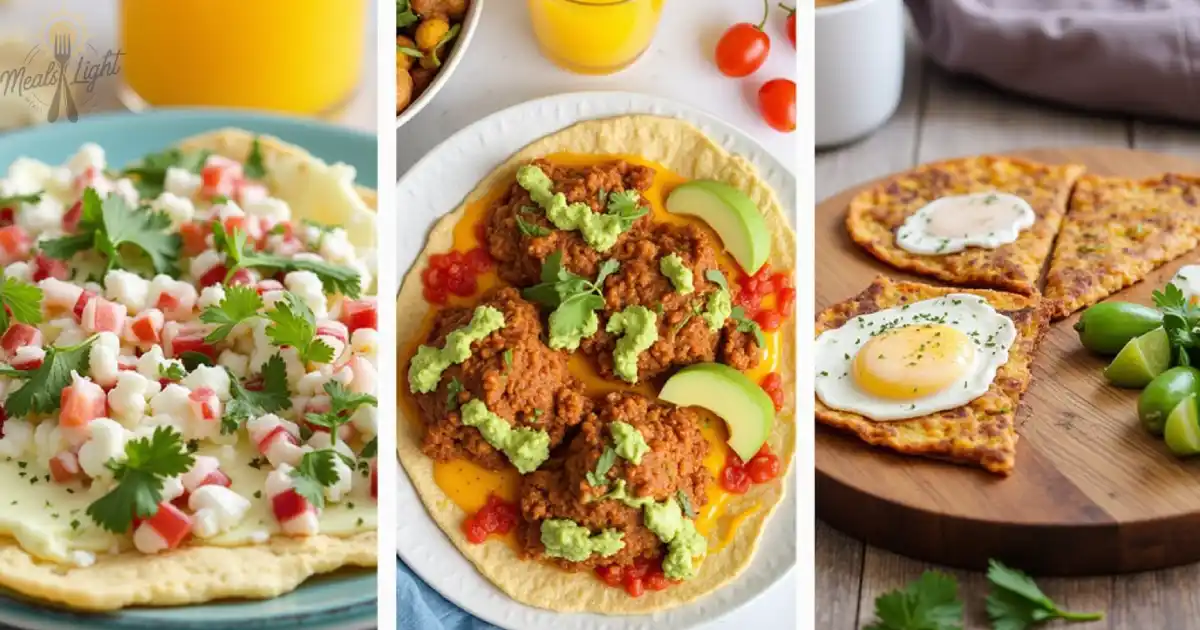 hree Mexican-inspired breakfast dishes, including tostadas with cheese and fresh toppings, tortillas with meat, avocado, and salsa, and egg-topped quesadillas with lime and herbs.