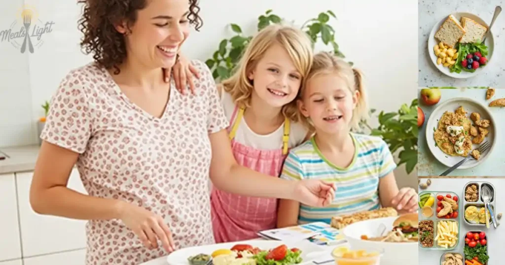 A cheerful mother and her two daughters preparing meals in a bright kitchen, surrounded by healthy food options, with a collage of nutritious meal ideas on the right.