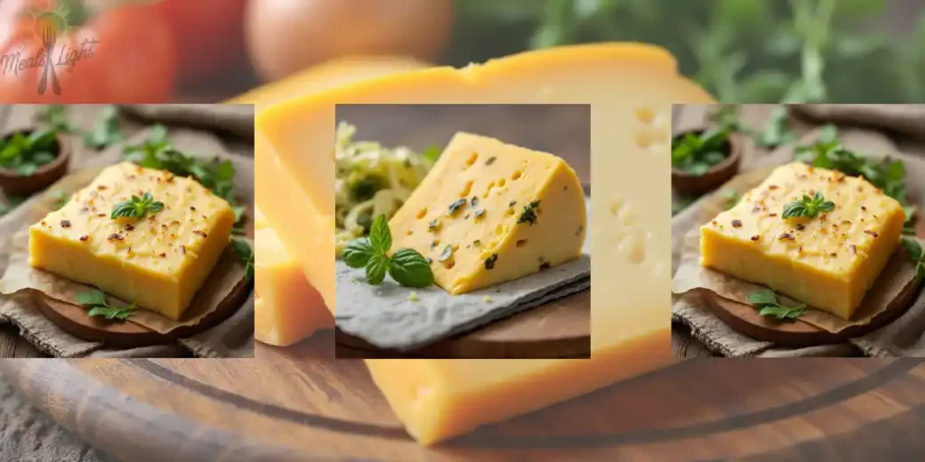 A selection of vegetarian cheese blocks garnished with fresh herbs on a wooden serving board.