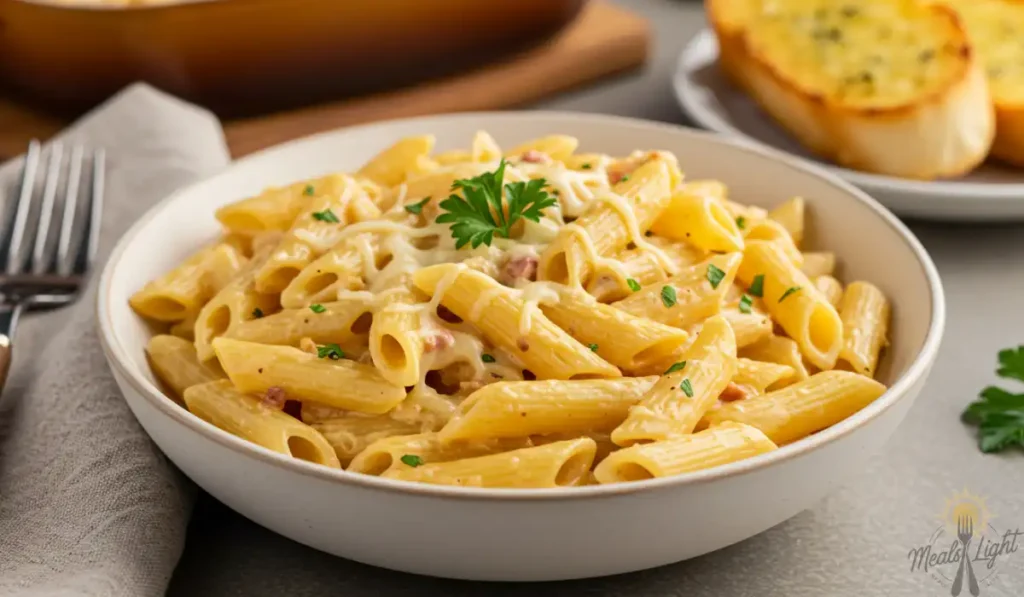A creamy pasta dish featuring penne in a rich sauce, garnished with parsley, served in a white bowl with garlic bread in the background.
