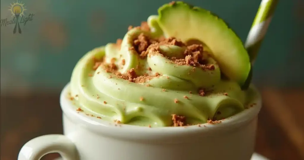 A white coffee cup filled with light green whipped cream or mousse, topped with chocolate cookie crumbs and a small cucumber garnish