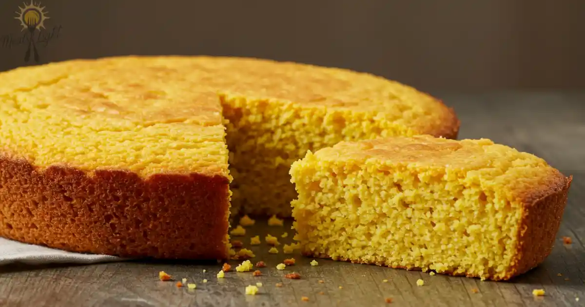 Golden homemade cornbread with a slice cut out, showcasing its moist and crumbly texture on a rustic table.