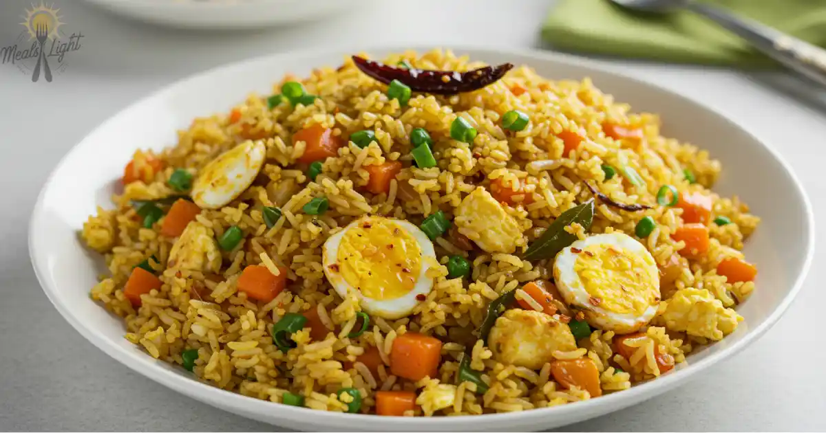 A plate of flavorful Anjappar-style egg fried rice, garnished with vegetables, boiled eggs, and spices.