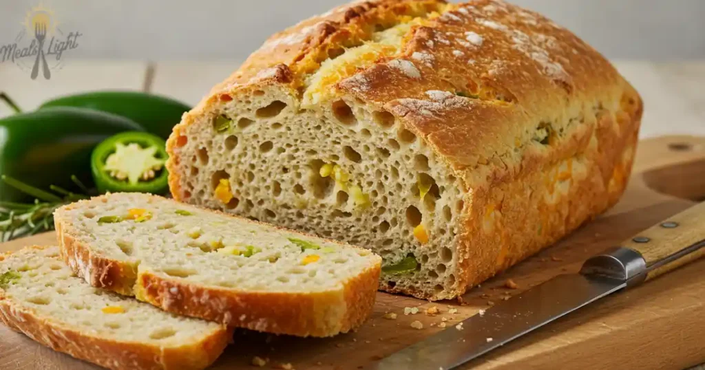 A loaf of jalapeño cheese bread on a wooden cutting board, with two slices cut and fresh jalapeños in the background.