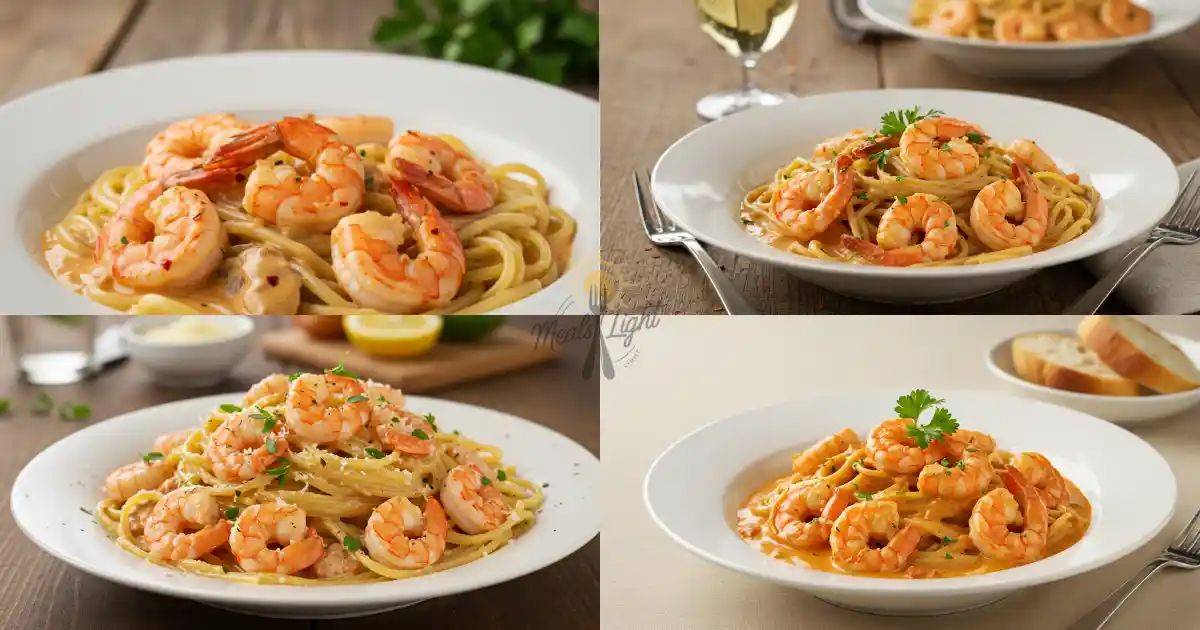 A collage of creamy Cajun shrimp pasta dishes, showcasing plump shrimp atop linguine with a rich, spiced sauce, garnished with fresh parsley and served in white plates.