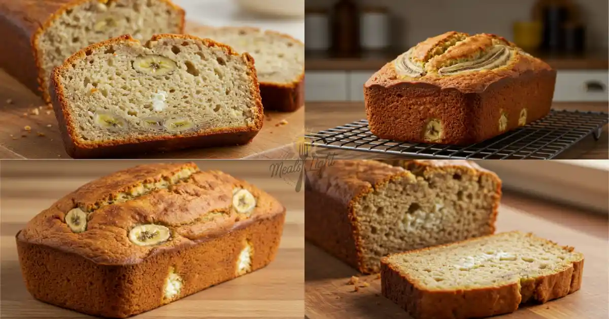 A collage of four images showing different views of banana bread: sliced to show interior texture, cooling on a wire rack, whole loaf with banana slices on top, and cut pieces on a wooden board