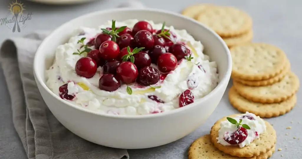 Healthy goat cheese cranberry dip in a white bowl with crackers, fresh cranberries, and herbs.