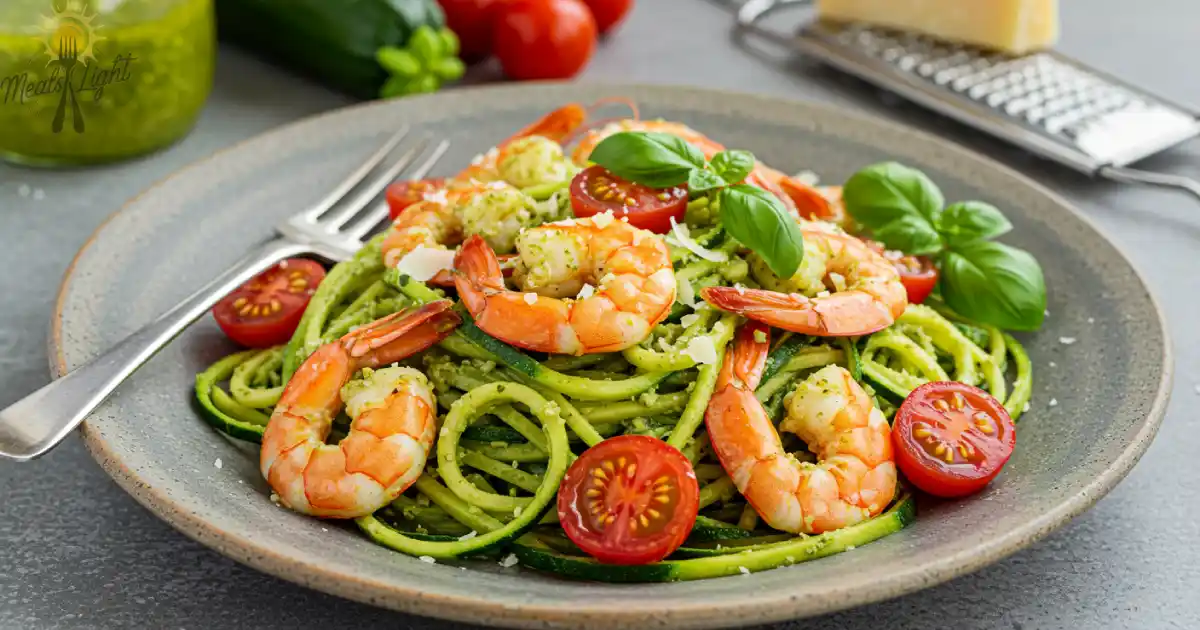 Delicious Pesto Langostino Zucchini Pasta with homemade pesto, langostino shrimp, fresh basil, Parmesan, and cherry tomatoes, served on a rustic plate.
