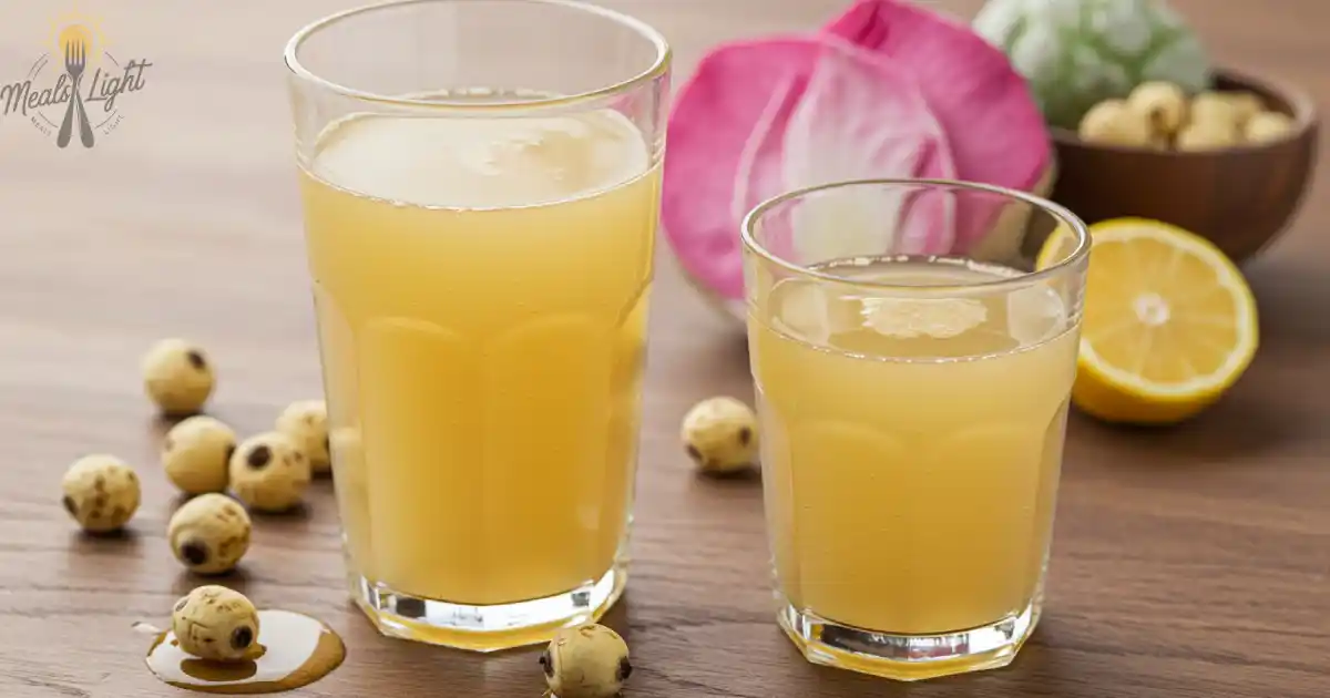 Two glasses of refreshing lotus seed honey drink, surrounded by lotus seeds, honey, lemon, and lotus petals on a wooden surface.