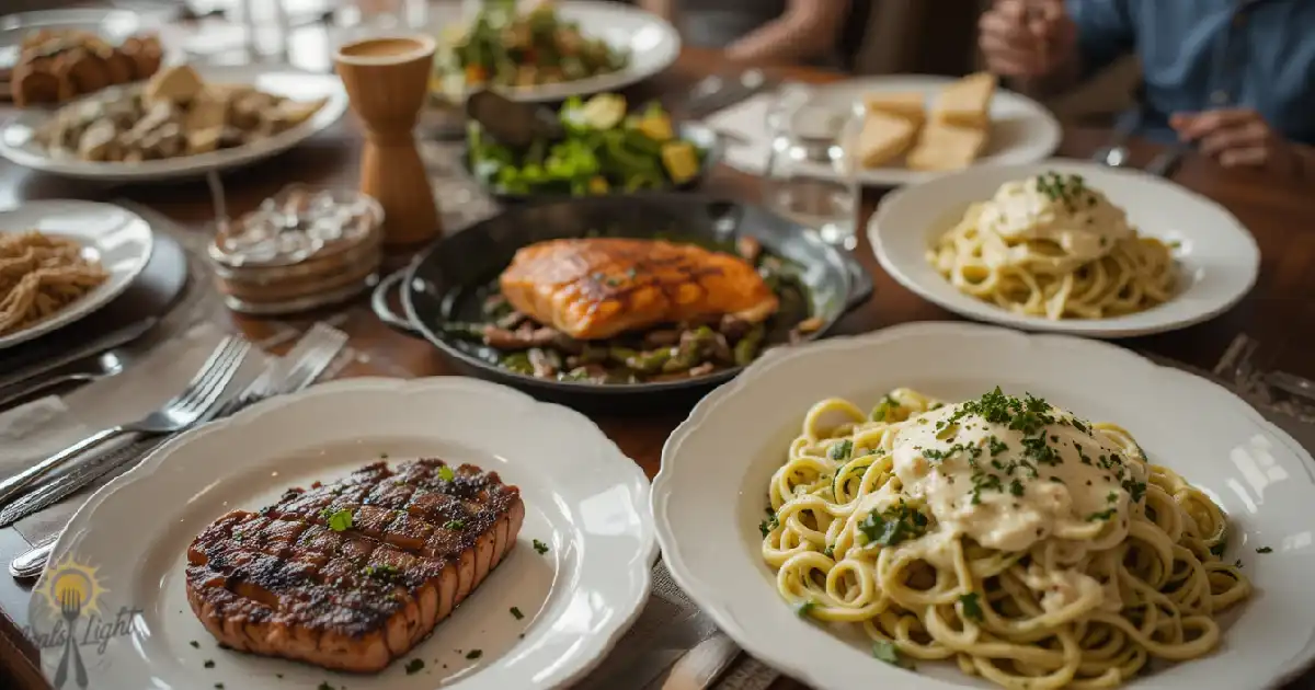 A beautifully set dinner table with a variety of dishes including grilled steak, sheet pan salmon, and zucchini noodle Alfredo, surrounded by a cozy family setting.