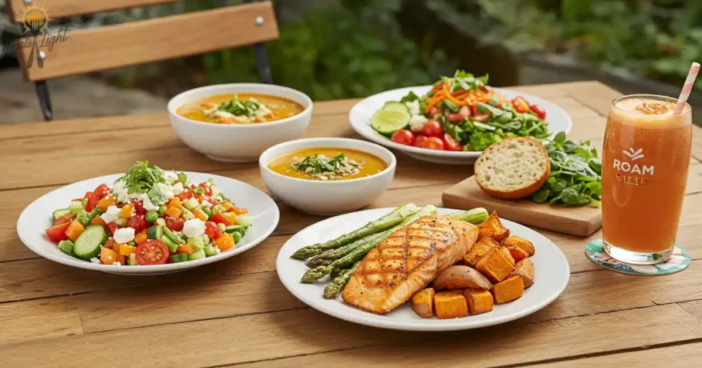 Colorful roam diet recipes on a rustic wooden table