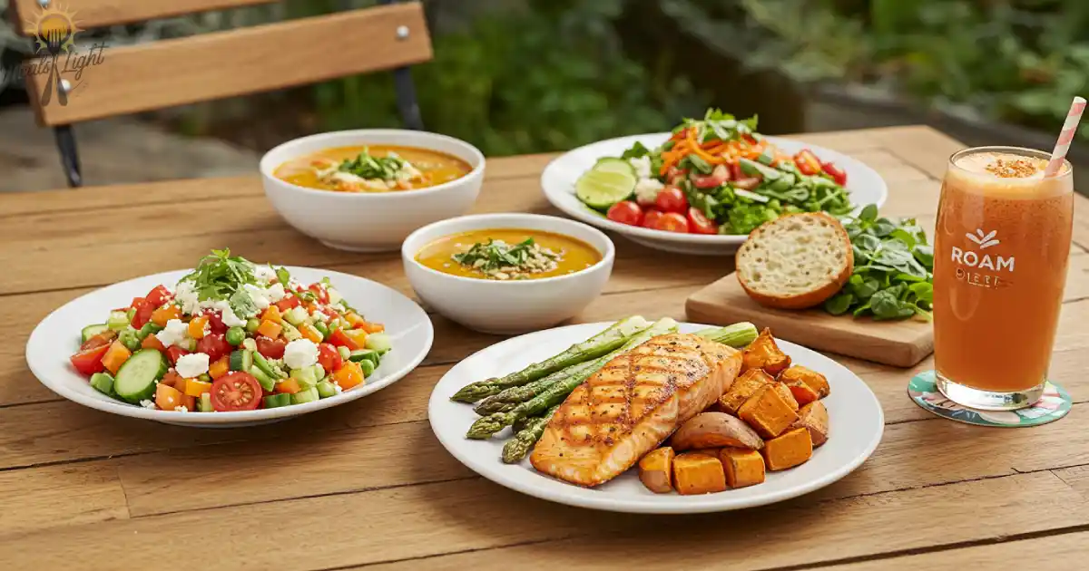 Colorful roam diet recipes on a rustic wooden table