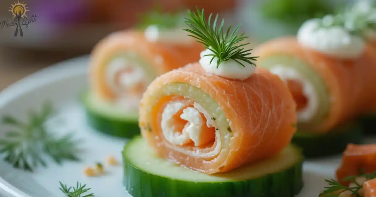 Close-up of Chatelaine smoked salmon roll on cucumber with cream cheese and dill
