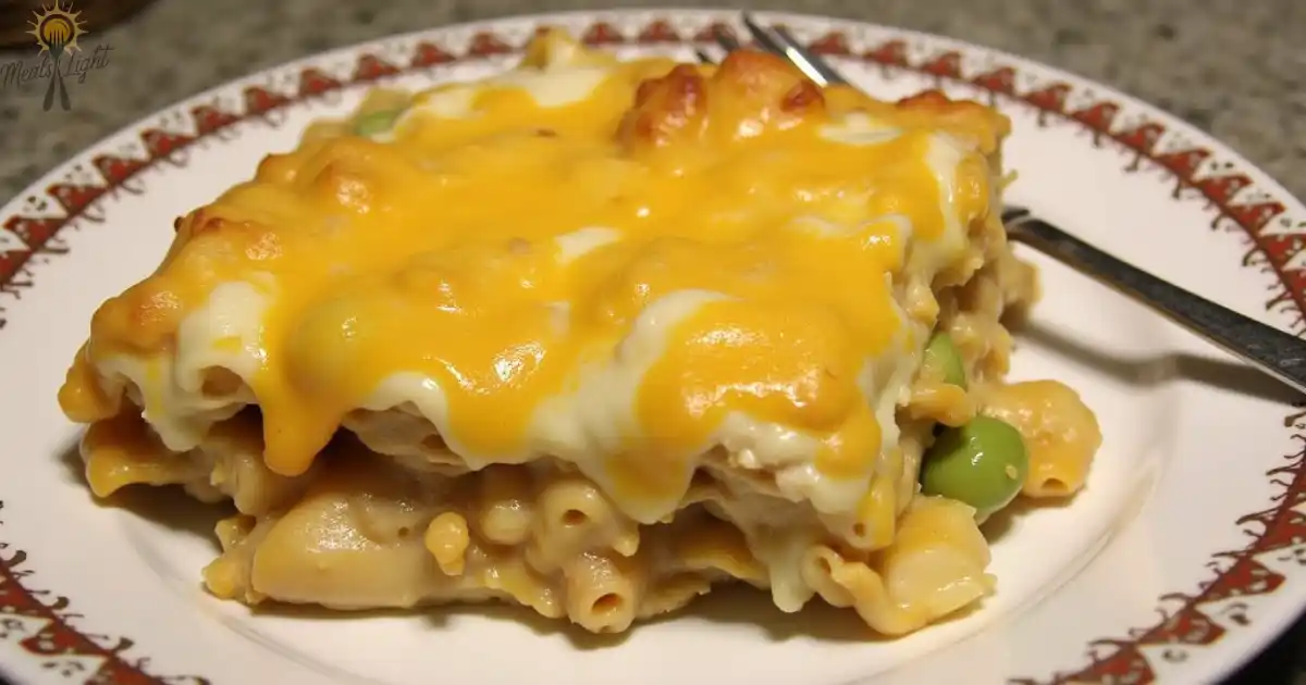 A close-up of a cheesy chicken tamale pie served on a decorative plate, with layers of pasta, chicken, melted cheese, and green peas.