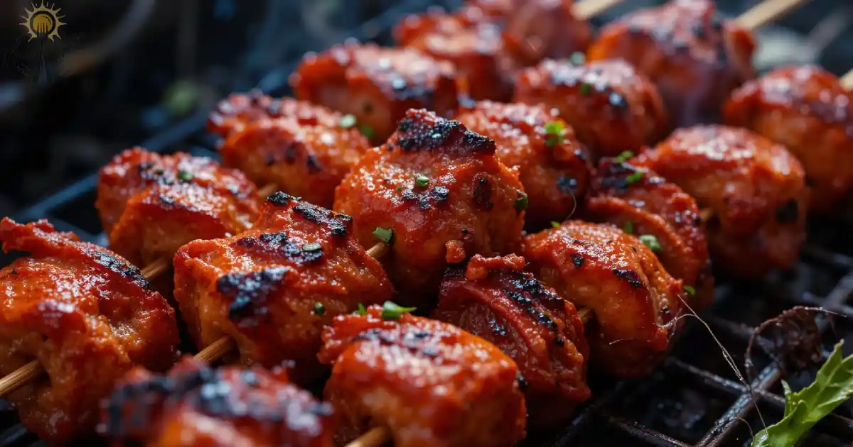 Close-up of juicy chicken tandoori with vibrant red marinade on skewers