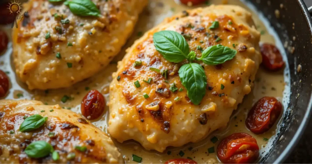 A vibrant, high-resolution close-up of a sizzling skillet filled with golden-brown chicken breasts nestled in a creamy sauce dotted with sun-dried tomatoes and sprinkled with fresh basil. The image captures the rich texture of the sauce and the appetizing golden sear on the chicken, inviting readers to dig into the recipe right away.