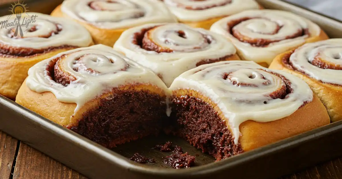 Close-up of freshly baked brownie cinnamon rolls topped with cream cheese frosting on a rustic wooden table.