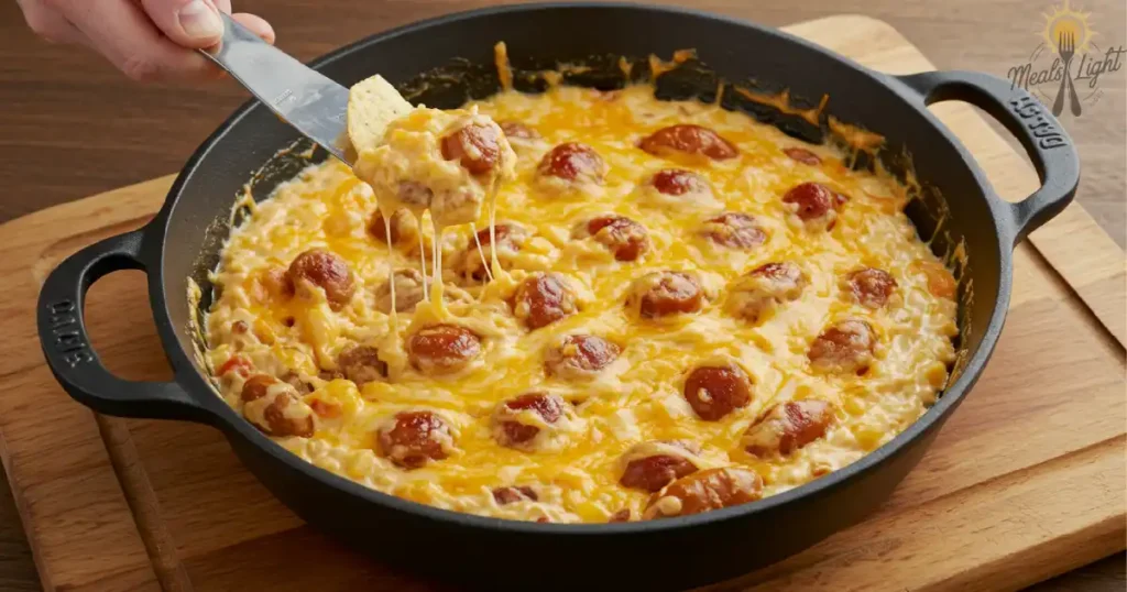 A skillet filled with cheesy sausage dip, with a tortilla chip scooping up a portion of the gooey, melted mixture.